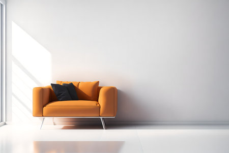 An armchair in a contemporary, minimalist setting against a background of a blank white wall.AI Generated, 3D renderingの素材