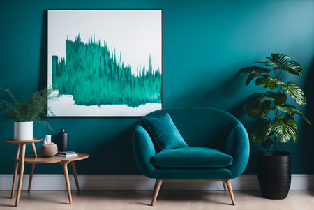 Turquoise armchairÂ against a wall with a painting in a living room decor with plants, AI Generatedの素材