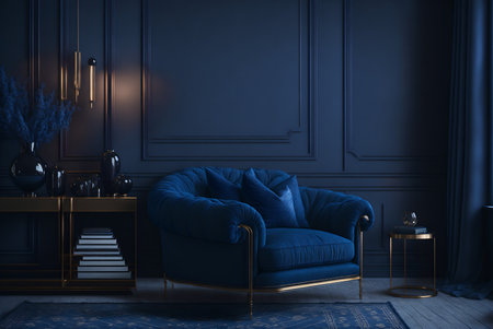 3D rendering of a dark blue living room interior with a cosy luxury armchair, AI Generatedの素材