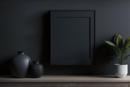 Mockup frame on a cabinet in a living room interior on an empty dark wall background, 3D rendering, AI Generatedの素材