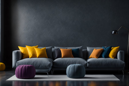 AI Generated, large modern lounge with grey sofa and colourful cushions and pouffesの素材