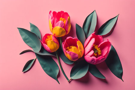 tulips on pink background, spring flowers illustration, AI Generatedの素材