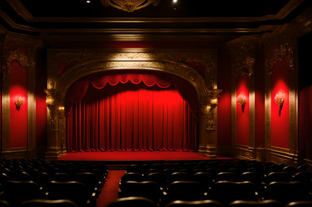 red stage closed curtain with spotlight, theater with red chairs, empty theater gold interior design, AI Generatedの素材