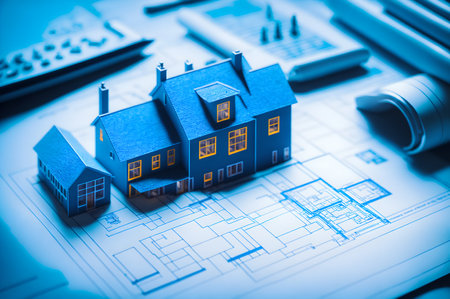 3d model house on a blueprint design, engineering design for residential construction, AI Generatedの素材