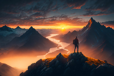 hiker on the top of a mountain with a beautiful view of the sunset around mountains and sunrise, clouds, and rivers, freedom concept, AI Generatedの素材