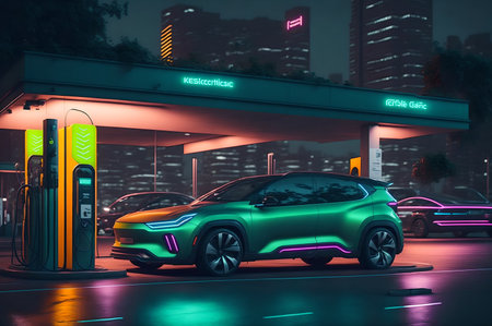 An electronic car parked at an electric station charging, neon's illustration, in a clean environment around buildings and skyscrapers, eco concept, AI Generatedの素材