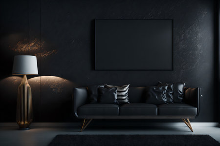 black leather sofa with pillows and light around on a black wall interior living room with the blank mockup, AI Generatedの素材