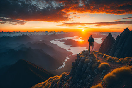 hiker on the top of a mountain with a beautiful view of the sunset around mountains and sunrise, clouds, and rivers, freedom concept, AI Generatedの素材