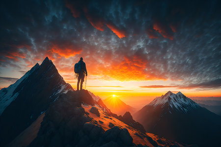 hiker on the top of a mountain with a beautiful view of the sunset around mountains and sunrise, and clouds, freedom concept, AI Generatedの素材
