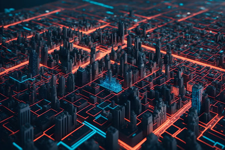 cinematic coloring scene of a miniature tech cityscape on a circuit board, AI Generatedの素材