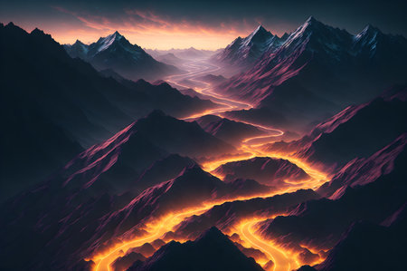 Mountain with luminous roads, beautiful fantasy landscape, generative illustration aiの素材