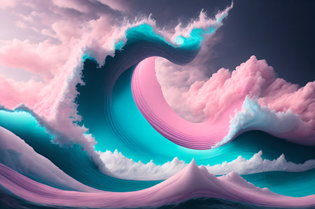 big waves of water in the sea in pastel palettes. cloud, wave, and cloud in blue and pink colors landscape, AI Generatedの素材