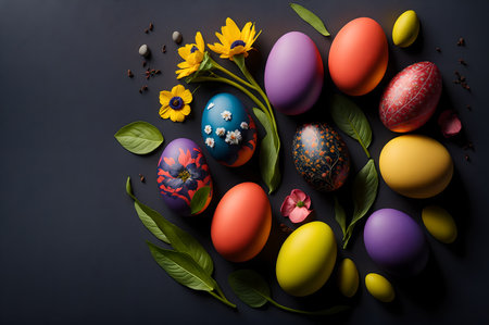 Colorful easter eggs with flowers and leaves on black background.の素材
