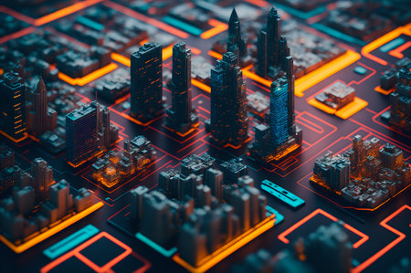 cinematic coloring scene of a miniature tech cityscape on a circuit board, AI Generatedの素材