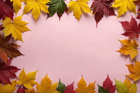 thanksgiving autumn leaves frame on pastel pink background, generative aiの素材