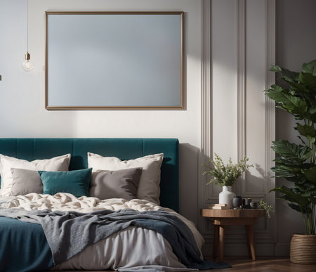 a light and spacious bedroom with a plant and a blank picture frame mockup canvas., generative aiの素材