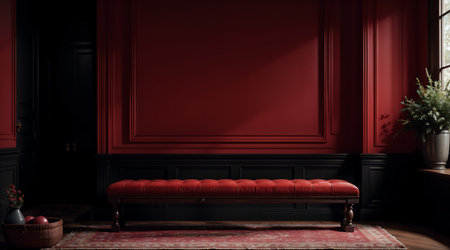 red living room with a minimalist and chic style, red wall and a leather bench, generative aiの素材