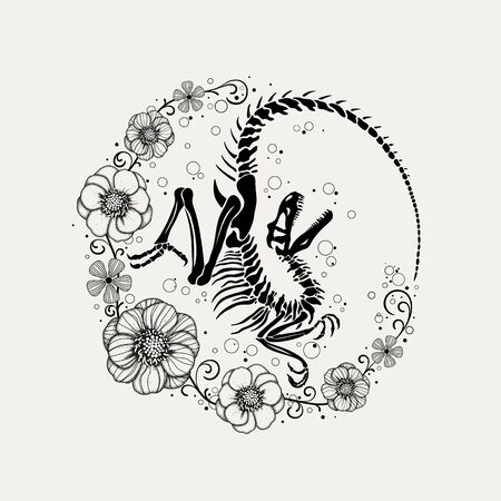 Graphic illustration of velociraptor skeleton and flowersのイラスト素材