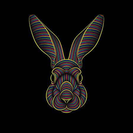 Engraving of stylized psychedelic rabbit portrait on black background.のイラスト素材