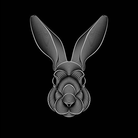 Engraving of stylized rabbit portrait on black background.のイラスト素材