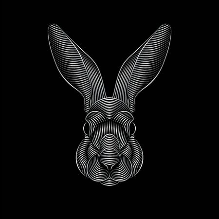 Engraving of stylized silver rabbit portrait on black background.のイラスト素材