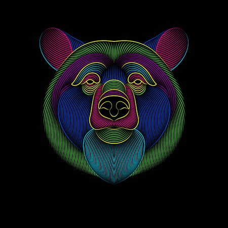 Engraving of stylized psychedelic bear on black background. Linear drawing. Portrait of a bearのイラスト素材