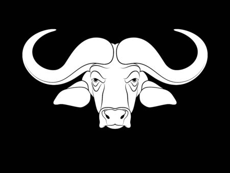 Graphic print of drawn buffalo head. Silhouette on black background. Portrait of a buffaloのイラスト素材