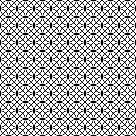 Seamless pattern based on Kumiko ornament .Black and white silhouette circular lines and diagonal grid.Suitable for laser cutting and design.のイラスト素材