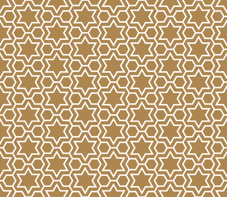 Seamless pattern in golden background and white pattern in average thickness lines.The six-pointed stars and hexagons.のイラスト素材