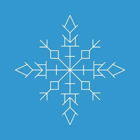 Snowflake icon. White silhouette snow flake sign, isolated on blue background.Graphic element decoration. Vector illustration. Flat design.Fine lines.Rounded corners.のイラスト素材