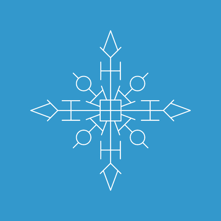 Snowflake icon. White silhouette snow flake sign, isolated on blue background.Graphic element decoration. Vector illustration. Flat design.Fine lines.Rounded corners.のイラスト素材