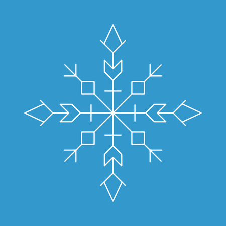 Snowflake icon. White silhouette snow flake sign, isolated on blue background.Graphic element decoration. Vector illustration. Flat lineart design.Fine lines.Rounded corners.のイラスト素材