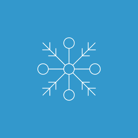 Snowflake icon. White silhouette snow flake sign, isolated on blue background.Graphic element decoration. Vector illustration. Flat lineart design.Fine lines.Rounded corners.のイラスト素材
