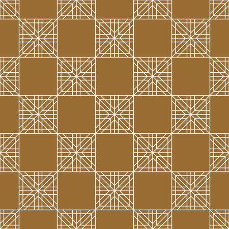 Seamless geometric Japanese woodwork ornament.Golden color background and white layer lines.Average thickness.For wrapping,fabric,textile,disign template,laser cutting.Square grid.Chess order.のイラスト素材
