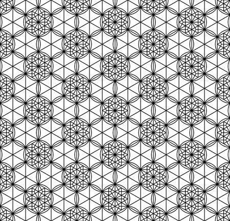 Seamless pattern based on Japanese geometric ornament.Black and white silhouette.Compound ornament.Average thickness lines.Hexagon grid.のイラスト素材