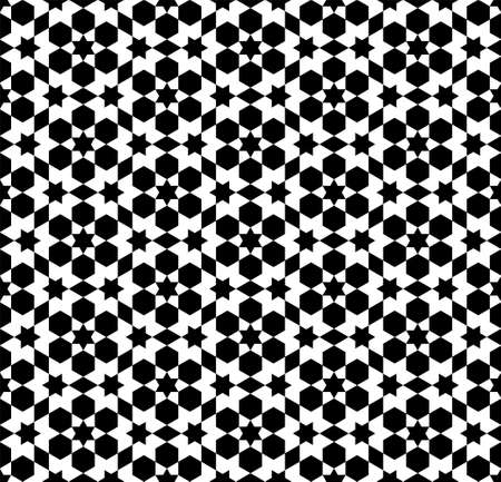 Seamless geometric ornament based on traditional islamic art. White figures on black background. Great design for fabric, textile, cover, wrapping paper, background.のイラスト素材