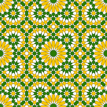 Background seamless pattern based on traditional islamic art. Green and yellow colors.