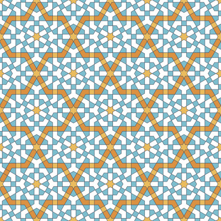 Seamless geometric ornament based on traditional islamic art.Blue ,orange colors. Great design for fabric,textile,cover,wrapping paper,background.のイラスト素材