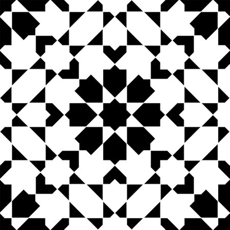 Seamless geometric ornament based on traditional islamic art. Black and white. Great design for fabric, textile, cover, wrapping paper, background.のイラスト素材