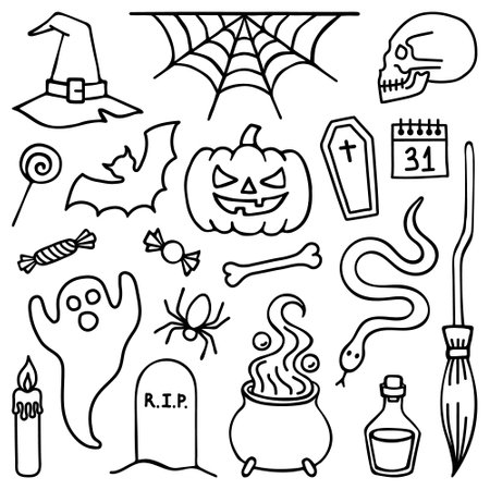 Halloween doodle set. Hand-drawn carved pumpkin,skull, witch hat, potion, candies, lolipop, broom, ghost, calendar, coffin, , cauldron, candle, spider, bone, snake. vector illustrationのイラスト素材