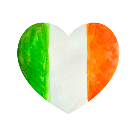 watercolor irish flag heart. Single hand drawn illustration on a white background isolated. A symbol of love and patriotism. Decorative element for St. Patrick's Day designの写真素材