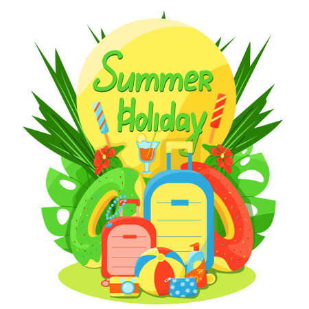 Set of travel things, set of items for summer vacation, suitcase, cosmetic bag, camera and sunscreen, vector illustration in flat style, summer holiday.のイラスト素材