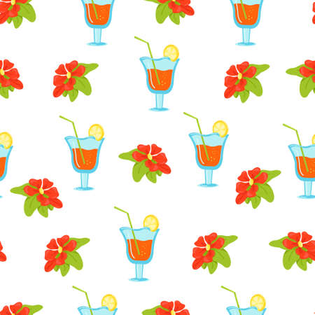 Seamless floral pattern with tropical flowers and cocktails in wine glasses, vector print in flat...