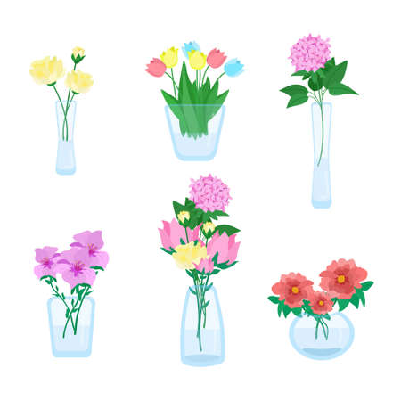 Set of different bouquets of flowers in vases of different shapes, beautiful flowers, glass minimalist vases, vector illustration in flat style.のイラスト素材