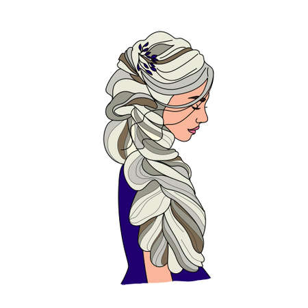 Set of linear portraits of beautiful girls with long hair, young beautiful girl with elegant hairstyle for long hair illustration in doodle style.のイラスト素材