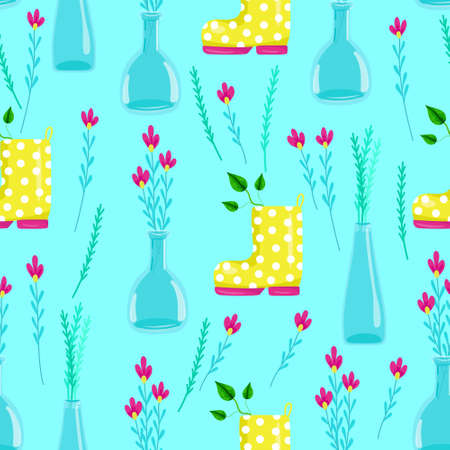 Seamless pattern with yellow boots and flowers in glass vases, beautiful wild spring flowers in transparent vases, gift for Women's Day, vector illustration in cartoon style, flat, hand draw.のイラスト素材