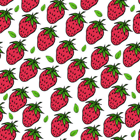Seamless pattern with red ripe strawberries, summer seasonal fruits, fruit print, juicy red...