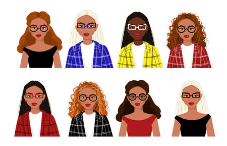 Big set of beautiful portraits of girls, girls with different hairstyles and outfits, stylish avatars, vector illustration in flat style.のイラスト素材