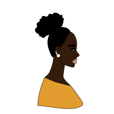 Profile of a black girl with lush curly hair, cute pretty black woman, Afro, Avatar for a girl, young woman, vector image on a white background, doodle style, hand draw.のイラスト素材