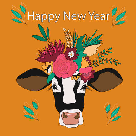 Cow's head is flowered, Lush bright wreath on a cow's head, Symbol of India, Pet, Cattle, Cute cow in a wreath, Vector illustration of hand draw, Feshin symbol of the new year.のイラスト素材